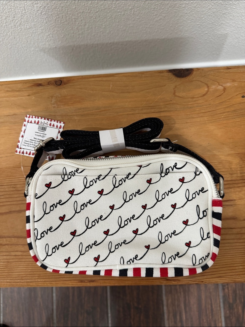 Women Bags - White 'Love' Script Crossbody Bag with Striped Trim